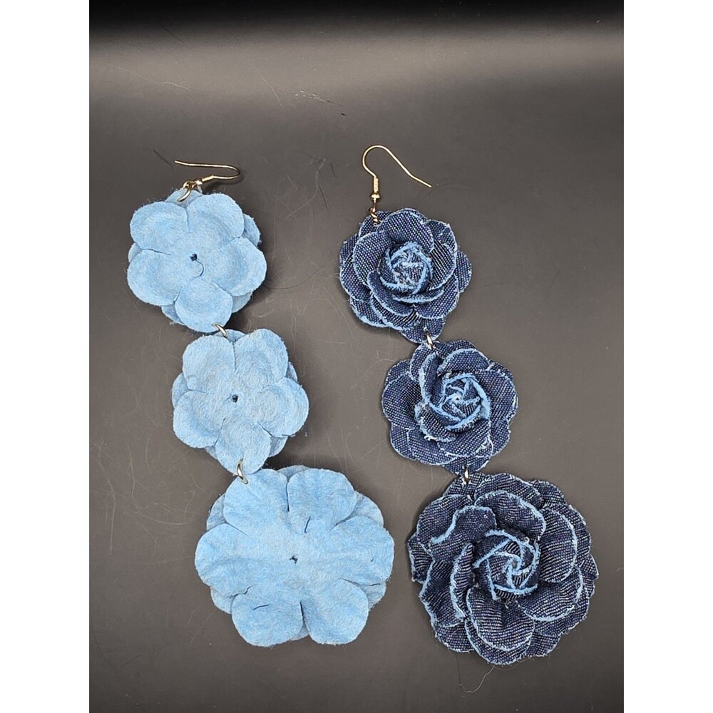 Blue Denim Fabric Flower Dangle Drop Earrings Hook Handcrafted - Picture 2 of 3